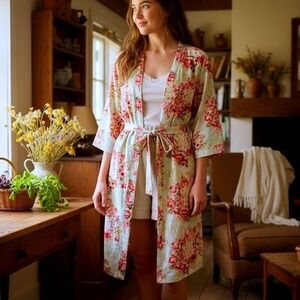 The Paisley Box Floral Cotton Robe Blue Pink Kimono Wrap Large L Cottagecore